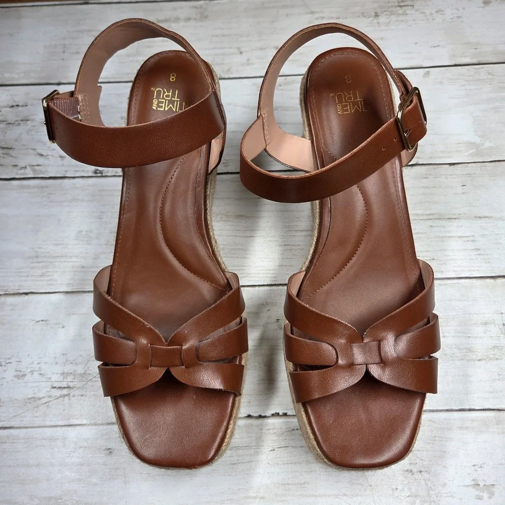 Time and Tru Espadrille Platform Wedge Sandals Women 8 Brown Knotted Ankle Strap